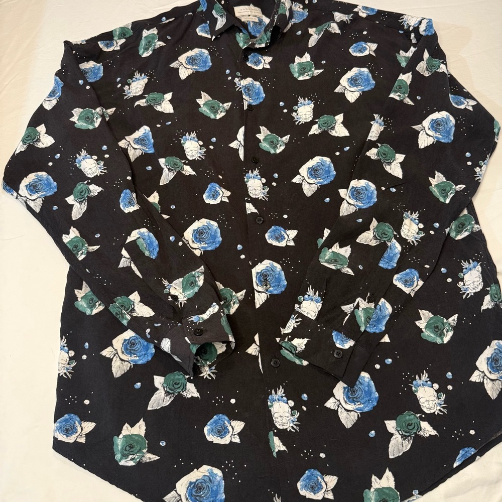Zara Black Button-Down Shirt with Blue & Green Rose Print